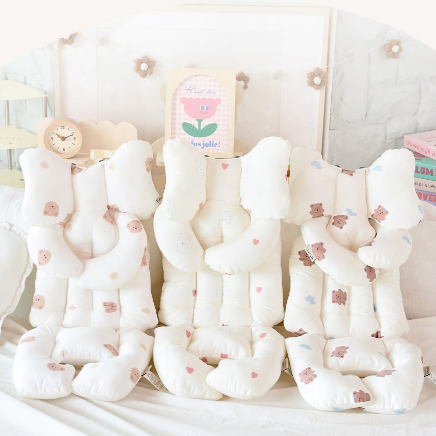 CREAM BEAR STROLLER PADDING SET
